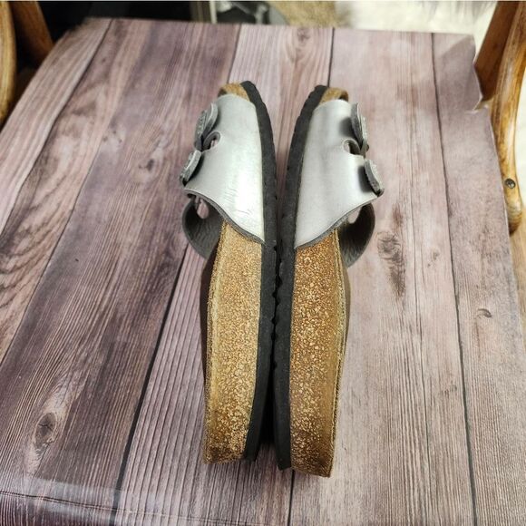 Birkenstock Silver Slide Sandals with‎ Cork Footbed Sz L9 M7 - Picture 5 of 13